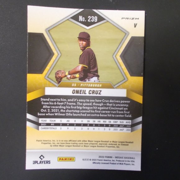 2022 Panini Mosaic Oneil Cruz Prizm Short Print Rookie Card Pirates - Picture 2 of 4